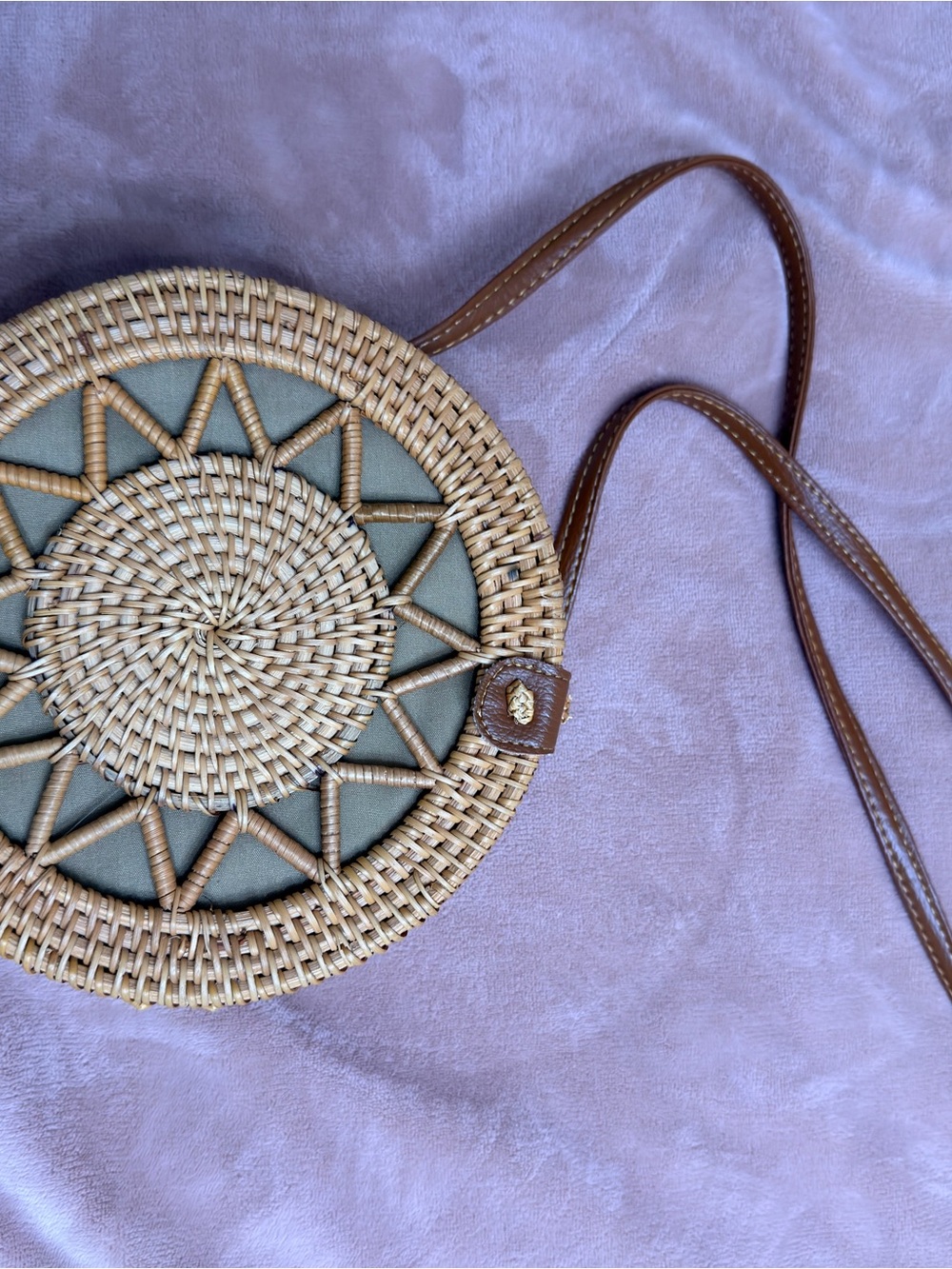 Round Woven Straw Crossbody Bag with Brown Leather Strap
